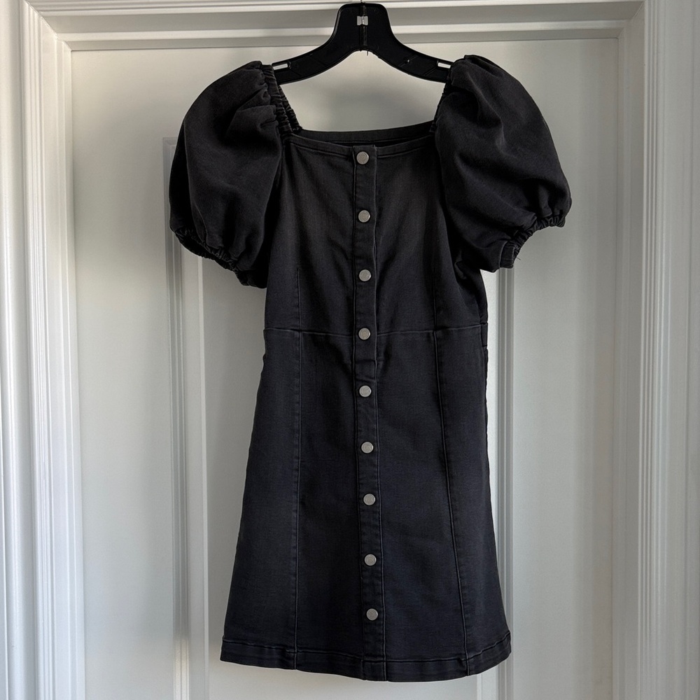 Habitual girls washed black denim puff sleeve stretch dress